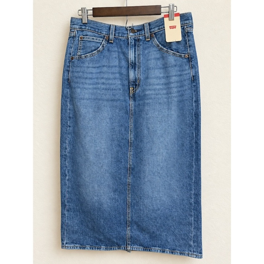 Levis Icon Denim Midi Skirt Medium Wash Blue High Waisted Back Slit W30 NWT
